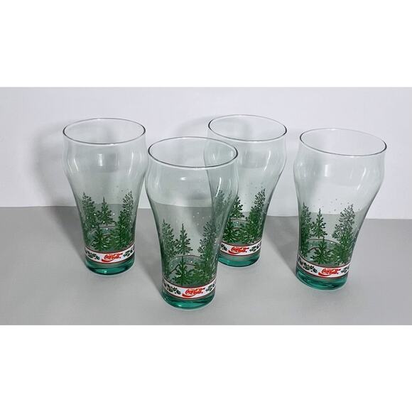 Vintage Coca Cola Holly and Pine Tree Set of 4 Libbey 6” Tumblers/Glasses - Picture 1 of 6